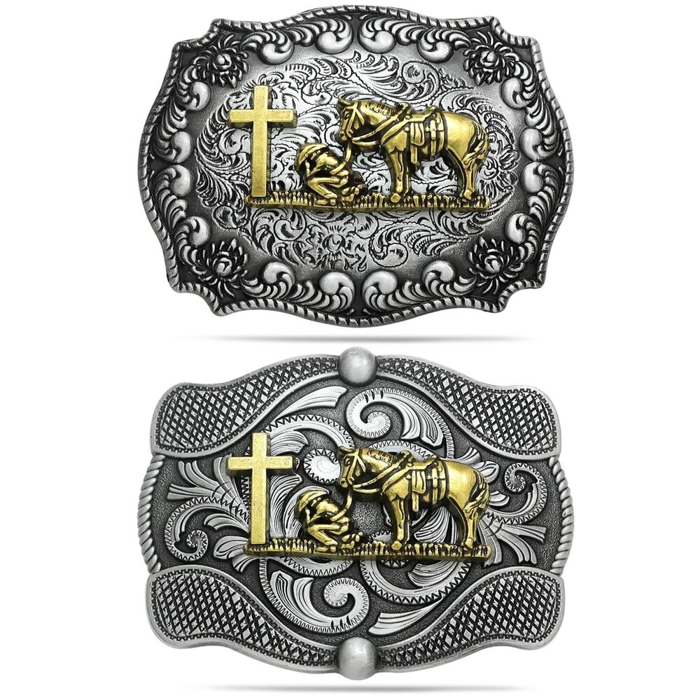 9950 2 Pieces American Western Cowboy Belt Buckles, Religion Cross Horse
